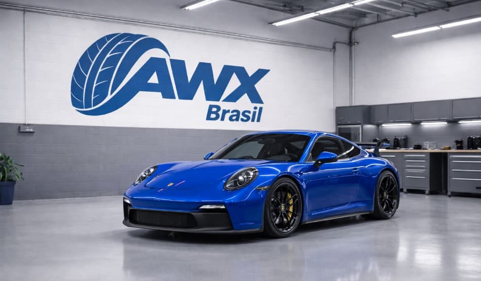Veículo esportivo azul em uma garagem